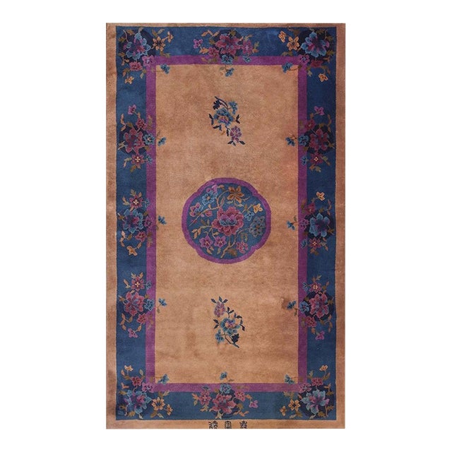 1920s Salmon Floral Antique Chinese Art Deco Carpet 4' X6'10" Handwoven Wool Rug For Sale