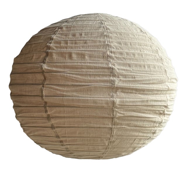 Large Round Pink Japanese-Style Rattan and Natural Linen Pendant Light For Sale