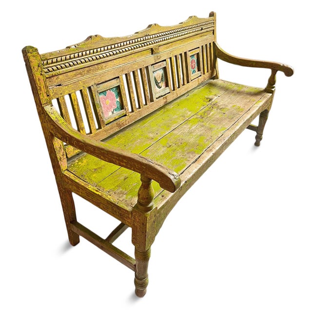 Indian Chartreuse Vintage Colonial Bench For Sale - Image 3 of 8