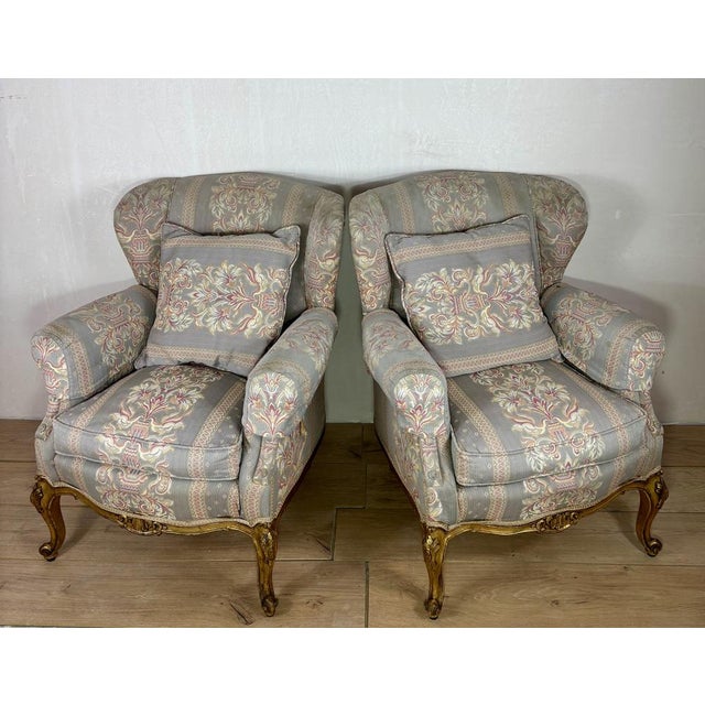 French Louis XV Style Upholstered Armchairs with Giltwood Frames, 1940, Set of 2 For Sale - Image 6 of 12