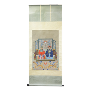 Vintage Qing Dynasty Style Emperor & Empress Portrait Hanging Scroll on Silk
