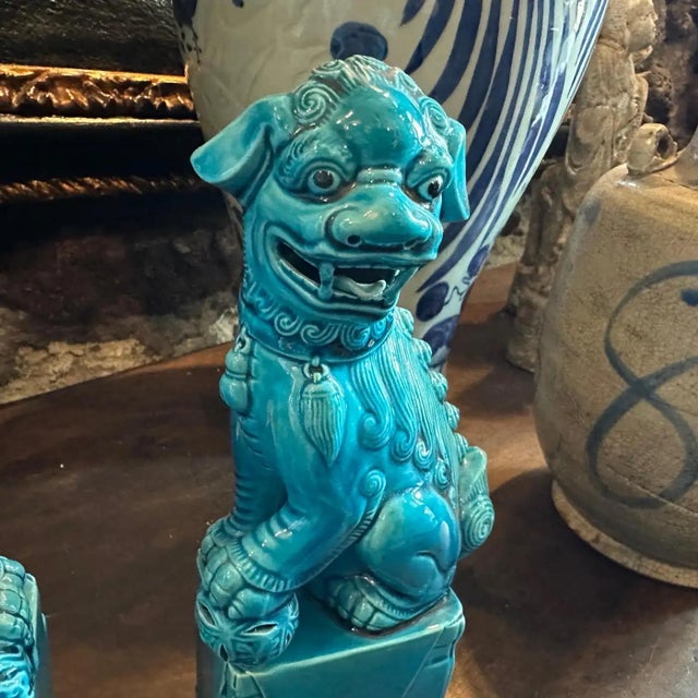 A Pair of 1960s Turquoise Glazed Ceramic Chinese Pho Dogs For Sale - Image 11 of 12