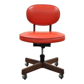 Vintage Mid-Century Modern Walnut Red Vinyl Adjustable Desk Chair For Sale