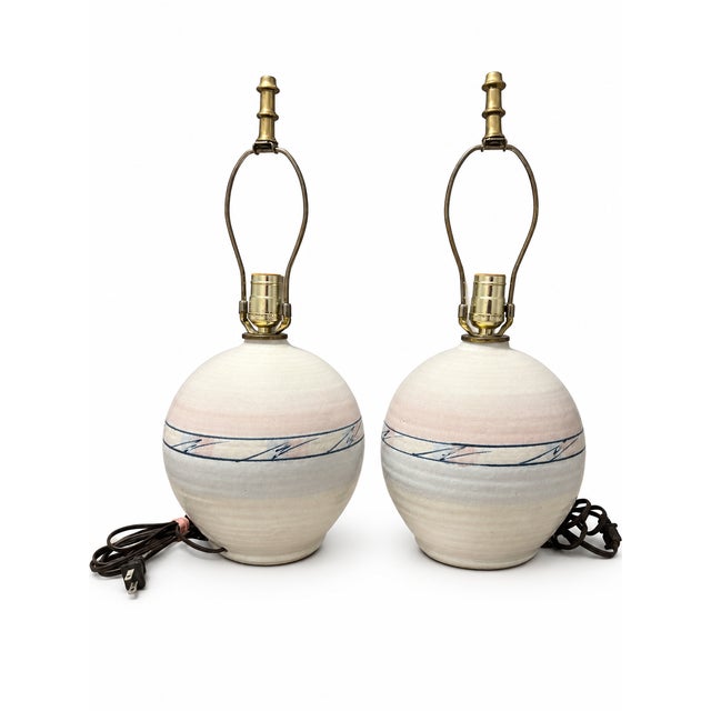 Pair of 1980s Postmodern Blush and Blue Studio Pottery Lamps For Sale - Image 4 of 6