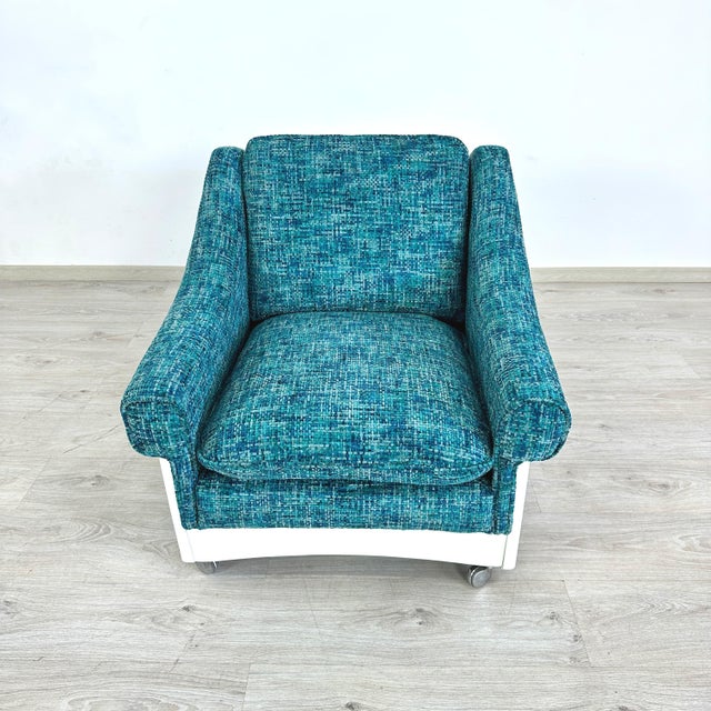 Dimensions: H 28” x W 30.5” x D 32” x SH 17.3” Vintage Italian Space Age lounge chair with white frame, newly upholstered...