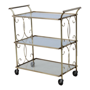 1960's Solid Brass 3 Tier Modern Scroll Bar Cart