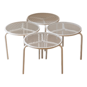 1960s Mid-Century Italian Style White Metal Mesh Tripod Stacking Tables - Set of 4