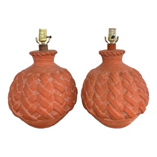 Vintage Terracotta Faux Weave Lamps - A Pair For Sale