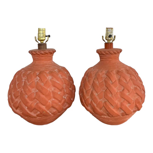 Vintage Terracotta Faux Weave Lamps - A Pair For Sale