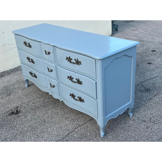 Wood 1970s French Provincial Blue Gray Lacquered Dresser of Twelve Drawers For Sale - Image 7 of 11
