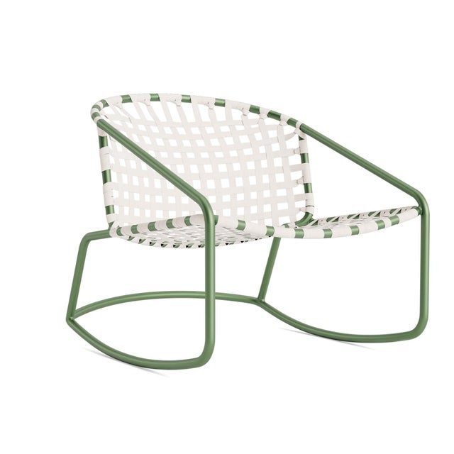 Brown Jordan Kantan Aluminum Motion Lounge Chair in Bay Leaf with White Suncloth Strapping For Sale