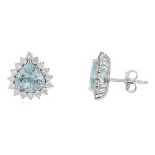 1900th Century Inspired 18k Gold Trillion Aquamarine Earrings With Diamonds, 3.55ct- A Pair For Sale