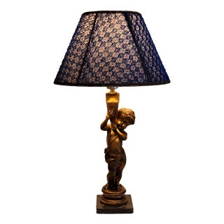 Vintage Table Lamp with Gold-Patinated Putto Base and Fabric Shade from Lamplove, 1970s For Sale