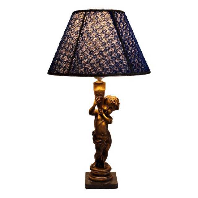 Vintage Table Lamp with Gold-Patinated Putto Base and Fabric Shade from Lamplove, 1970s For Sale