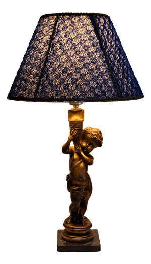 Vintage Table Lamp with Gold-Patinated Putto Base and Fabric Shade from Lamplove, 1970s