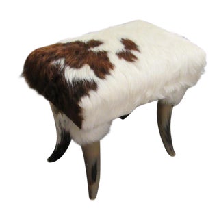 Vintage Brown and White Cowhide Footstool With Horn Legs For Sale