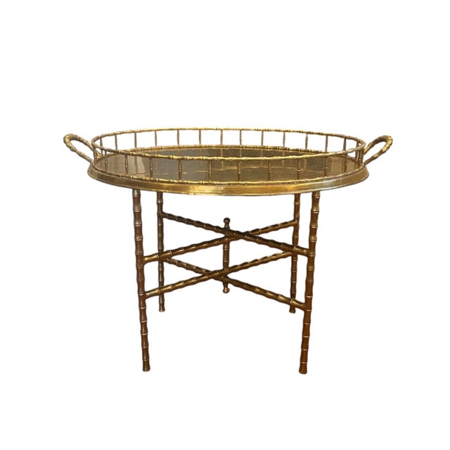 Vintage Brass Faux Bamboo Oval Tray / Drinks / Side / Accent Table With Folding Stand, in the Manner of Maison Baguès For Sale In Dallas - Image 6 of 10