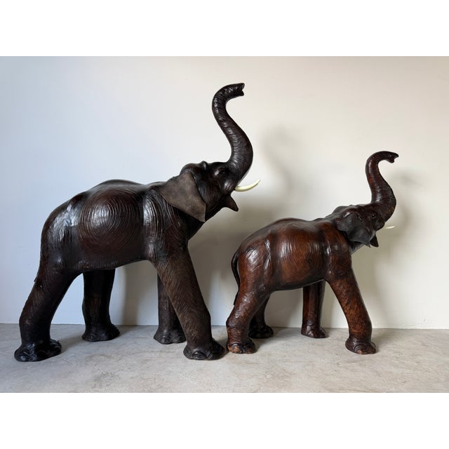Safari Vintage Safari Style Oversized Leather Elephant Sculptures With Raised Trunks – A Pair For Sale - Image 3 of 18