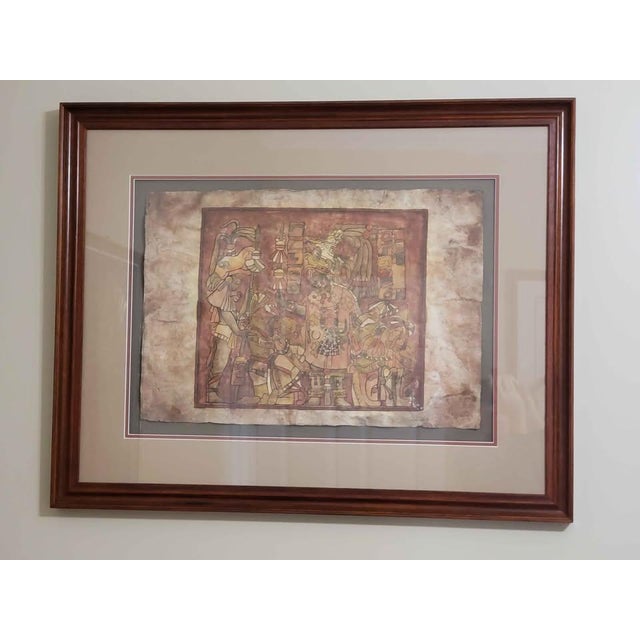 Mexican 1990s Fine Art - Framed Reproduction of Pre-Columbian Mayan Codex Mural Fragment on Parchment For Sale - Image 3 of 8