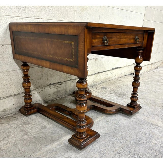 Wood Vintage French Louis XIII Style Drop Leaf Leather Top Table by John Richard For Sale - Image 7 of 12