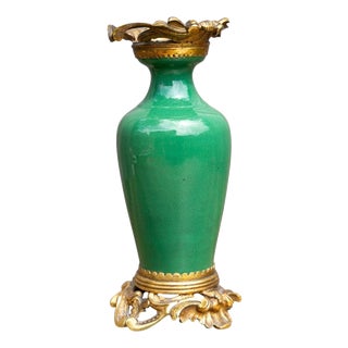 Antique 19th Century Qing Chinese Green Crackle Glaze Porcelain & Ormolu Vase For Sale