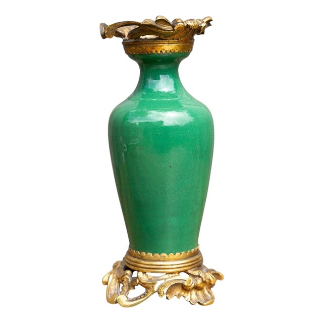 Antique 19th Century Qing Chinese Green Crackle Glaze Porcelain & Ormolu Vase For Sale