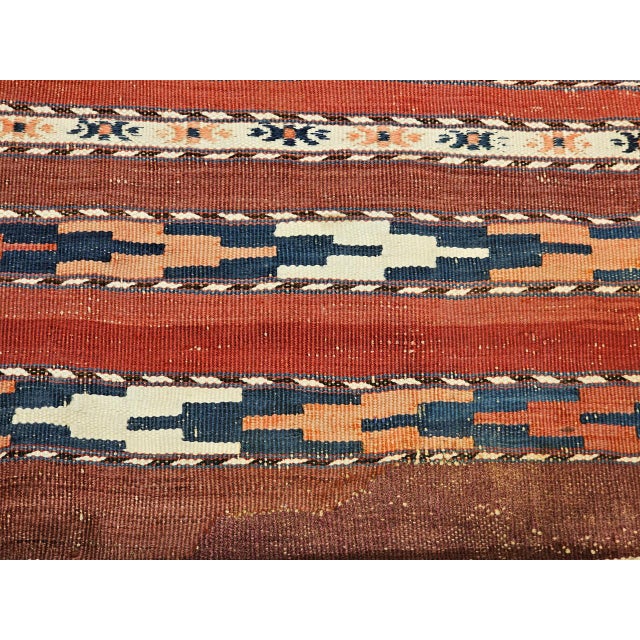 Antique Turkmen Yomut Soumak Kilim, Handwoven Wool, Geometric Pattern, Rust & Blue, 5’ X 10’ For Sale - Image 10 of 13