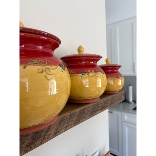 French 1980s Set of Three Hand Painted Ceramic Canisters For Sale - Image 3 of 4
