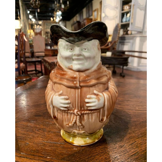 Figurative 19th Century French Onnaing Barbotine Ceramic Monk Pitcher For Sale - Image 3 of 11