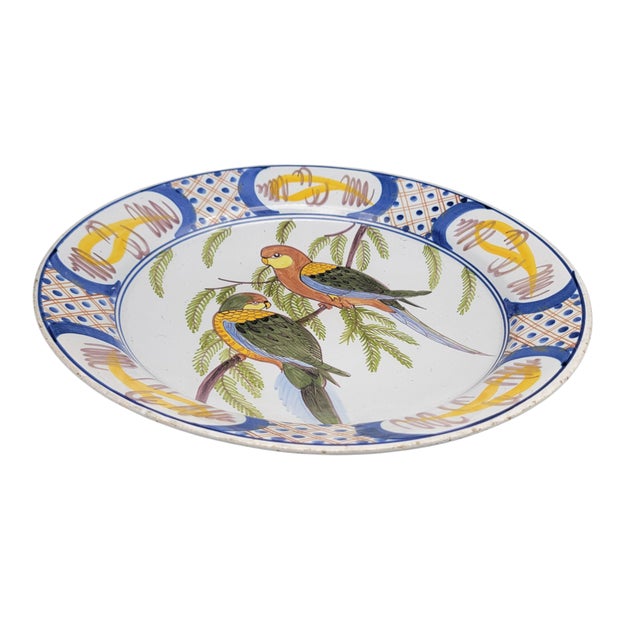 Late 19th Century Antique French Faience Charger With Hand-Painted Parrot Motif, Circa 1870–1910 For Sale - Image 5 of 8