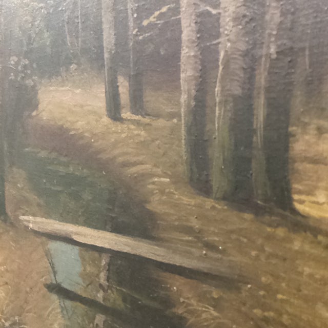 Gray Antique Framed Painting on Canvas Golden Forest Pass With Bridge Over a Stream For Sale - Image 8 of 12