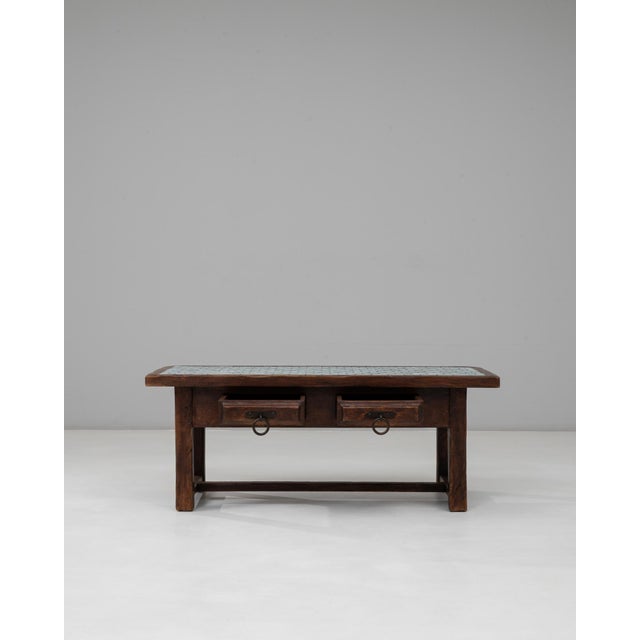 1970s French Wooden Coffee Table With Turquoise Tiled Top For Sale - Image 17 of 18