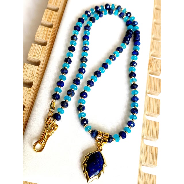 Artisan Handcrafted Lapis Lazuli Pendant Necklace in Blue Chalcedony and Golden Hematite For Sale In New York - Image 6 of 15
