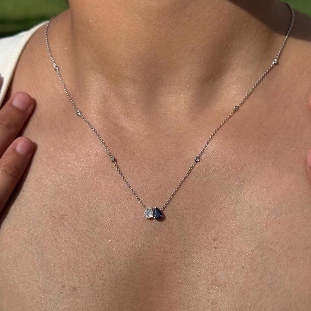 Toi Et Moi Pear Cut Blue Sapphire & Diamond Pendant Necklace in 14k White Gold For Sale - Image 9 of 15