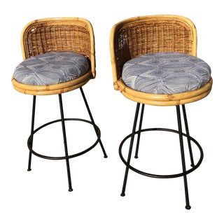 1960s Vintage Seng of Chicago Wicker & Iron Stools - A Pair For Sale