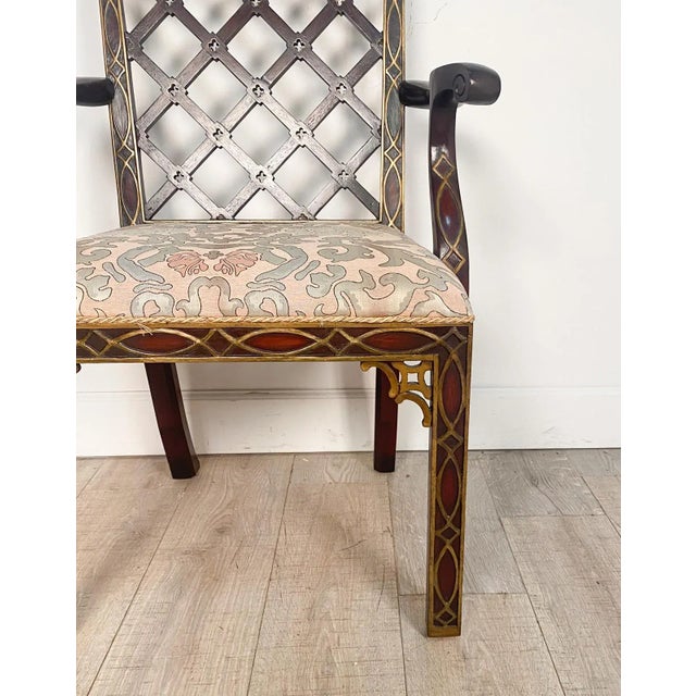 Pair of Matching Chinese Chippendale Armchairs With Blind Fretwork and Gilt Highlights For Sale - Image 4 of 10