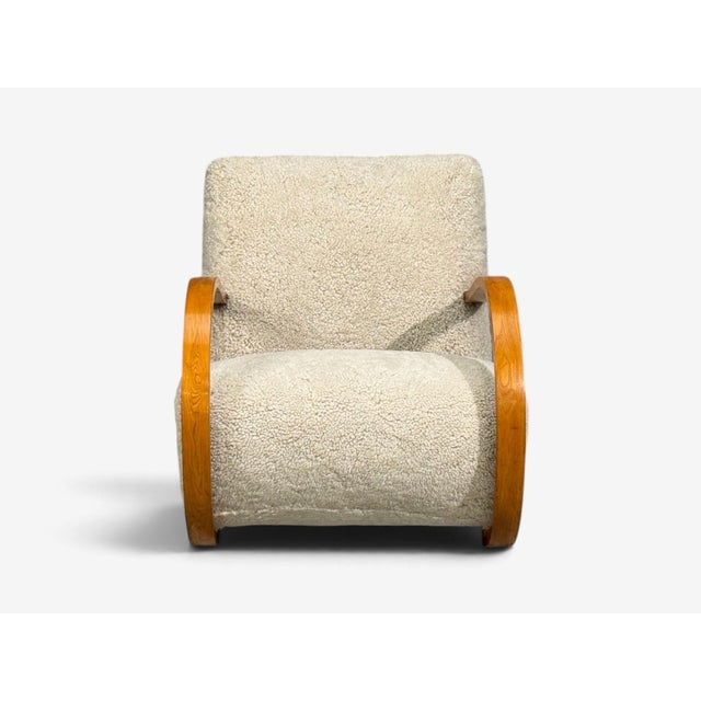 1940s Swedish Modern, Rocking Chair, Elmwood, Beige Shearling, Sweden, 1940s For Sale - Image 5 of 13