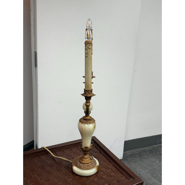 Vintage Neoclassical Alabaster Three-Light Candelabra Table Lamp For Sale - Image 4 of 12