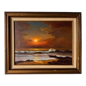 1980's Vintage Impressionist Sunset Coastal Landscape Oil Painting by J. N. Begenas