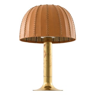 Table Lamp in Brass and Original Leather Lamp Shade attributed to Hans-Agne Jakobsson, 1963 For Sale