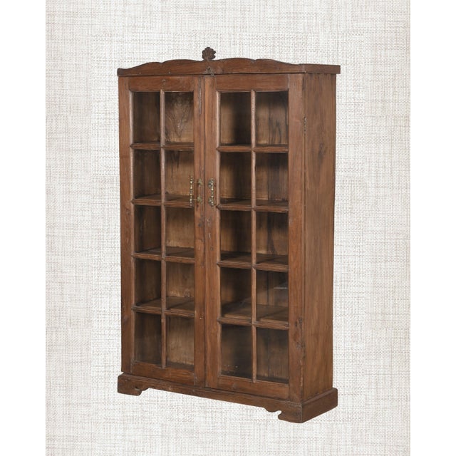 Antique Indian Glass Cabinet | Vintage Armoire With Arched Crown | Teak Wood Display Cabinet | Rustic Home Decor For Sale - Image 4 of 6