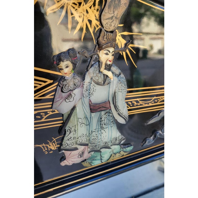 Monumental Vintage Chinoiserie Black Lacquer Soapstone Carved Pagoda Regency Rectangular Mirror For Sale In West Palm - Image 6 of 14