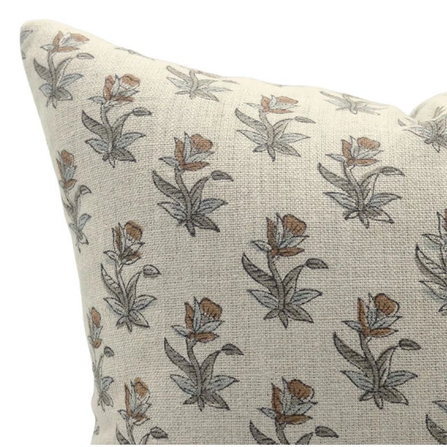 Rustic Floral Block Printed Thick Linen Pillow Cover 24x24 Inch- Coastal Tulip For Sale - Image 3 of 4