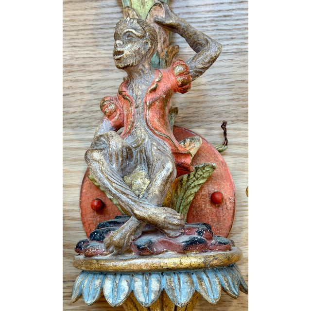 Italian 1980s Italian Hand Carved Wood Monkey Sconces (Set of 2) For Sale - Image 3 of 4