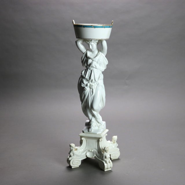 Antique French Neoclassical Blanc De Chine Figural Porcelain Compote with Classical Woman Carrying Basket on Scroll Form...