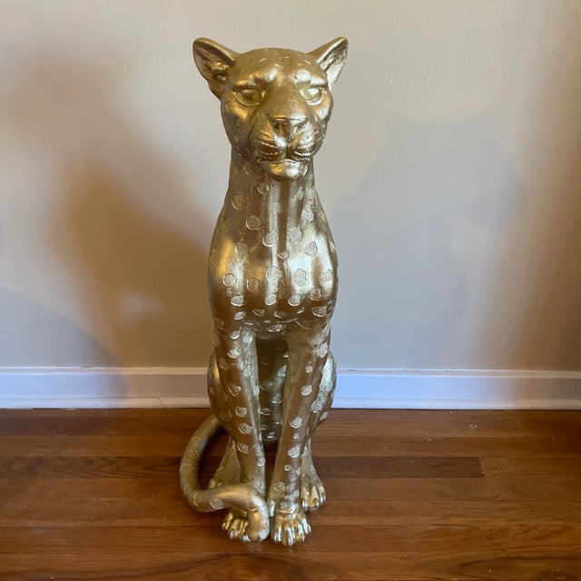 Large Designer Sitting Italian Cheetah or leopard, Gold. Mid-Century Style. Beautifully molded. Make a statement in your...