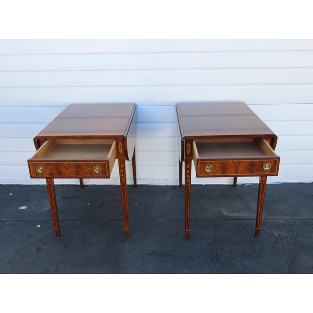 Wood Wellington Hall Mahogany Inlay Drop Leaf Mahogany Side End Tables a Pair 6567 For Sale - Image 7 of 17