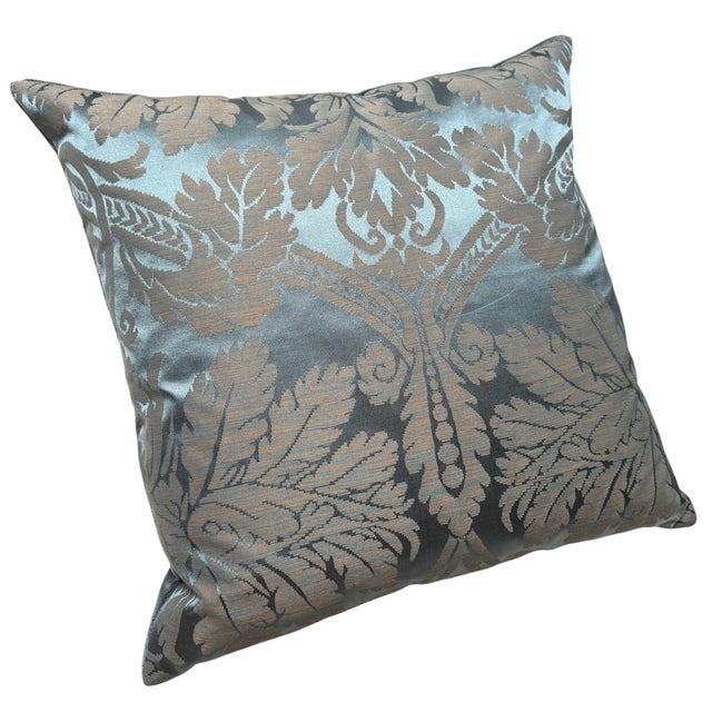Large Scalamandre Blue Damask and Silk Velvet Designer Pillow - 1 of 3 Available.