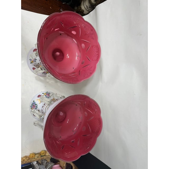 Pair of Large Bohemian Style Cranberry Cut to Clear Mantel Lusters For Sale - Image 14 of 18