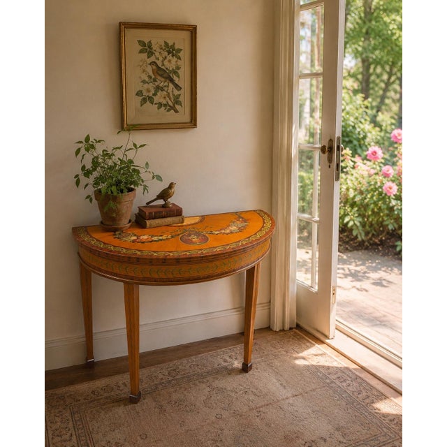 Beautiful Chelsea House demilune console table featuring a satinwood-style finish with decorative floral garland, ribbon,...